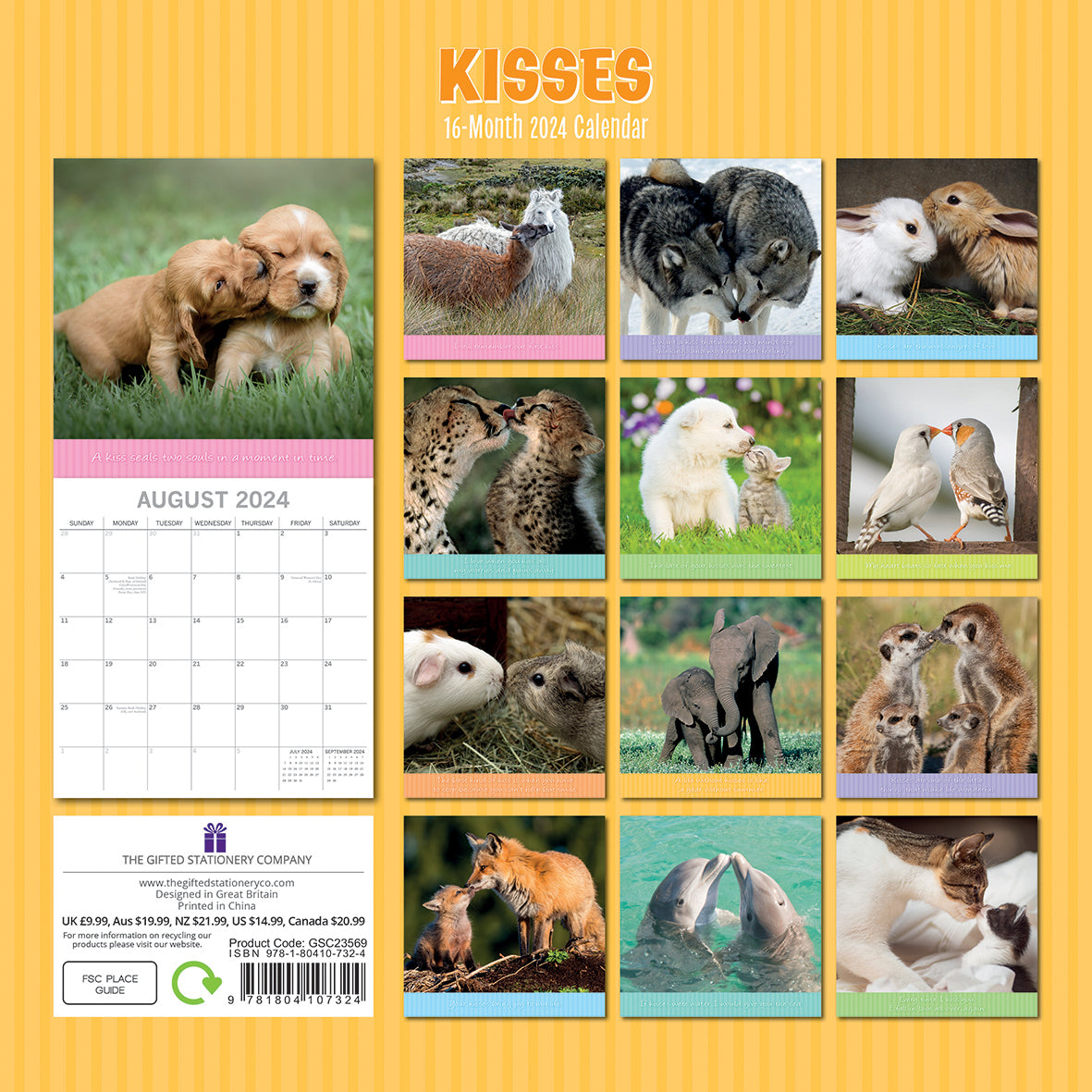 Kisses 2024 Square Wall Calendar Pets Animals 16 Months Premium Planner New Year V474-615359