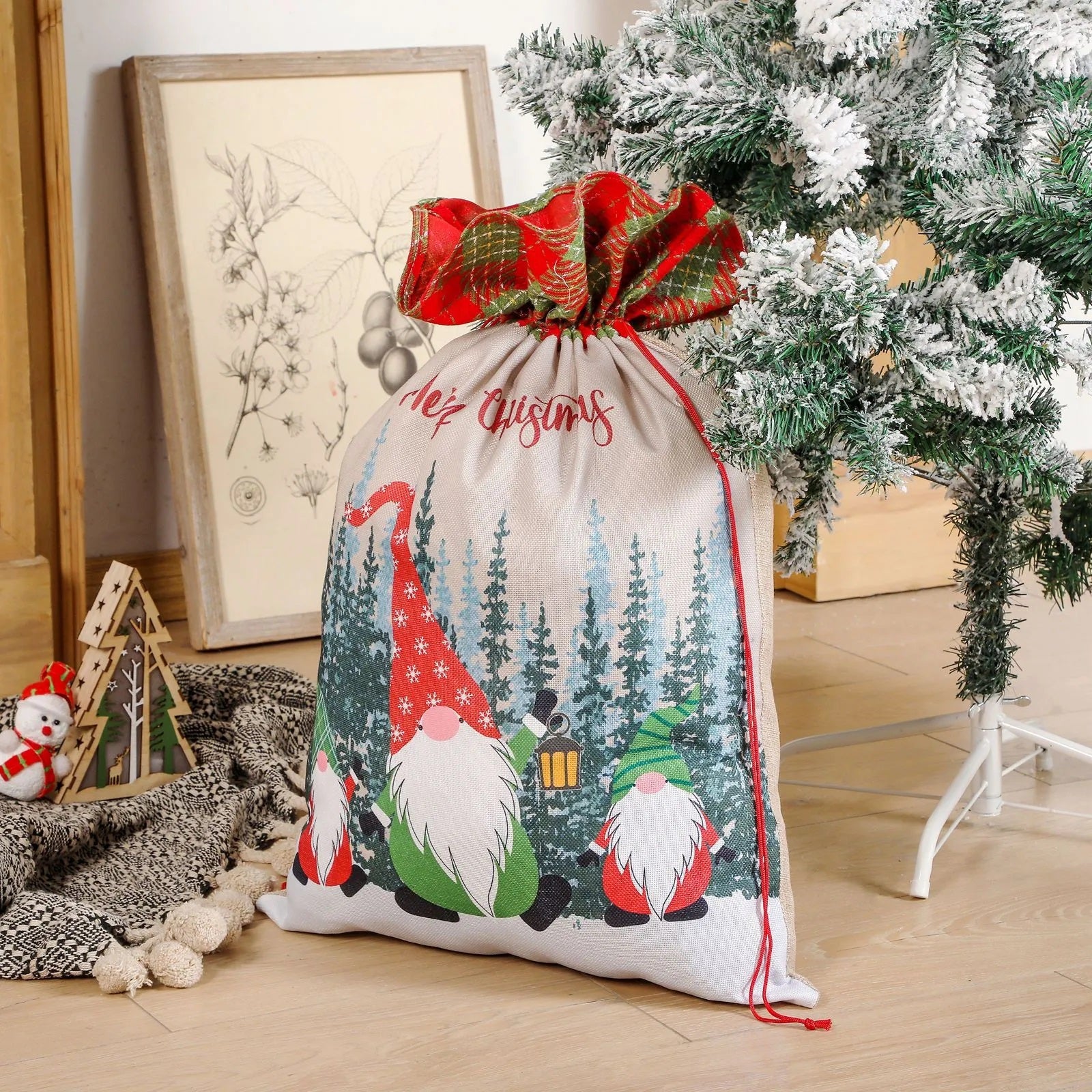 50x70cm Canvas Hessian Christmas Santa Sack Xmas Stocking Reindeer Kids Gift Bag, Cream - Faceless Santa (A) V474-624982