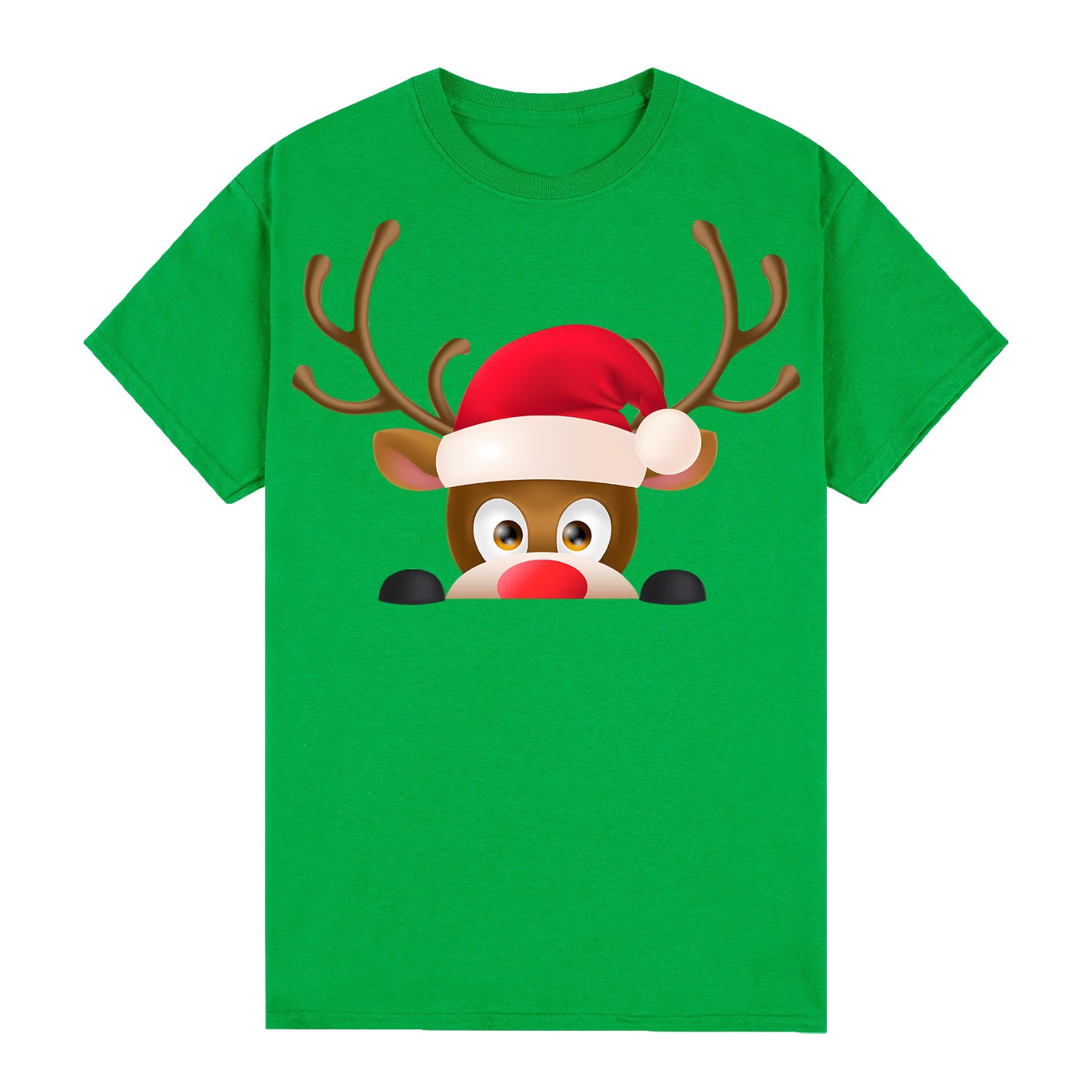 100% Cotton Christmas T-shirt Adult Unisex Tee Tops Funny Santa Party Custume, Reindeer Head (Green), XL V474-626529