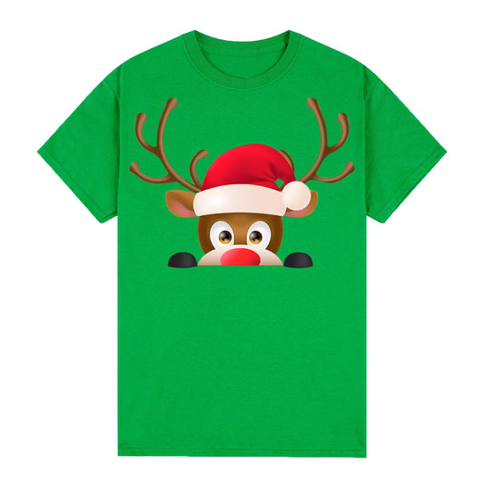 100% Cotton Christmas T-shirt Adult Unisex Tee Tops Funny Santa Party Custume, Reindeer Head (Green), XL V474-626529