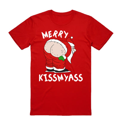 100% Cotton Christmas T-shirt Adult Unisex Tee Tops Funny Santa Party Custume, Merry Kissmyass (Red), 3XL V474-626549