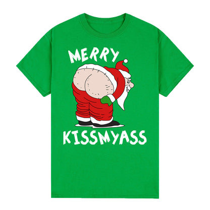 100% Cotton Christmas T-shirt Adult Unisex Tee Tops Funny Santa Party Custume, Merry Kissmyass (Green), L V474-626552