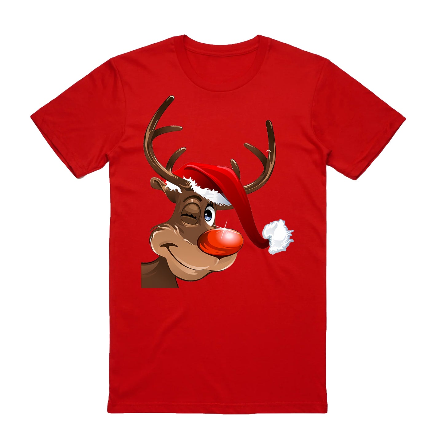 100% Cotton Christmas T-shirt Adult Unisex Tee Tops Funny Santa Party Custume, Reindeer Wink (Red), 2XL V474-626560