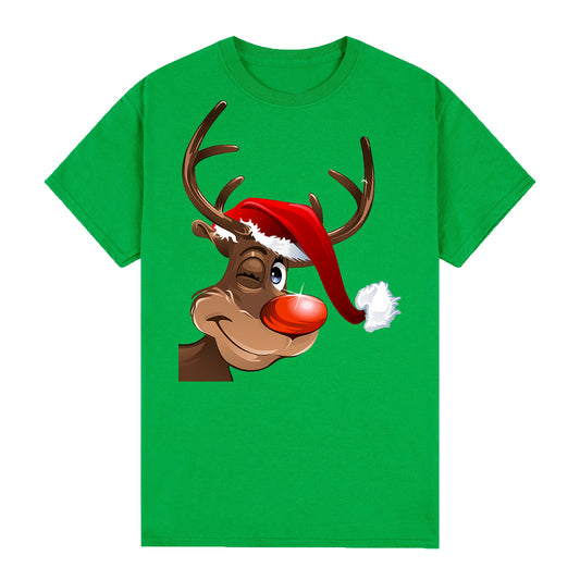 100% Cotton Christmas T-shirt Adult Unisex Tee Tops Funny Santa Party Custume, Reindeer Wink (Green), S V474-626562