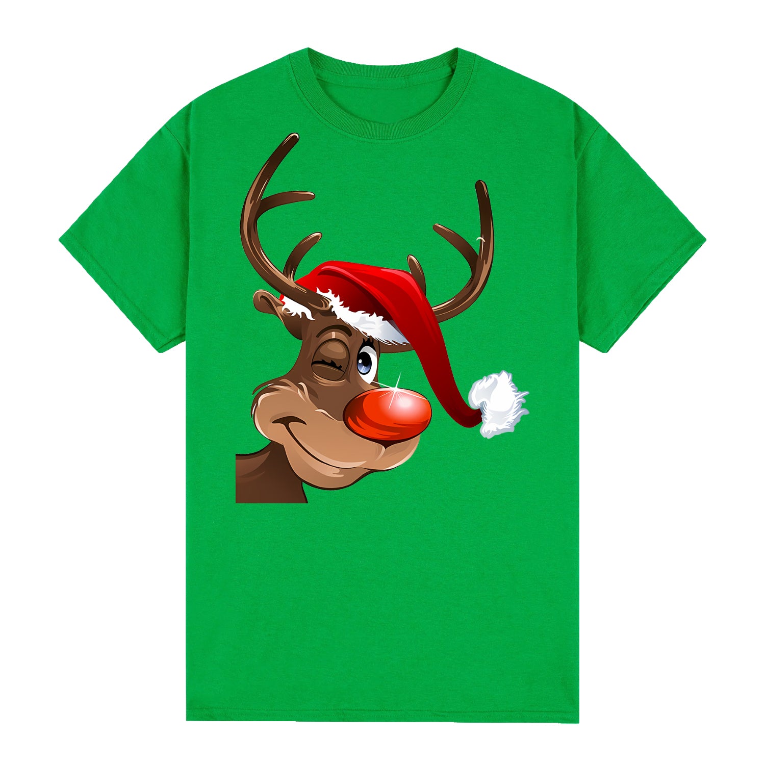 100% Cotton Christmas T-shirt Adult Unisex Tee Tops Funny Santa Party Custume, Reindeer Wink (Green), M V474-626563