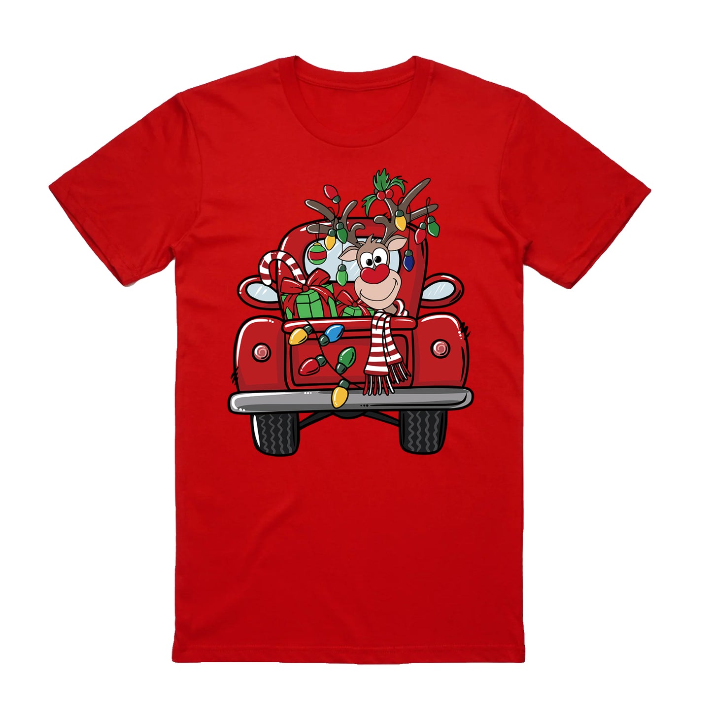 100% Cotton Christmas T-shirt Adult Unisex Tee Tops Funny Santa Party Custume, Car with Reindeer (Red), M V474-626569