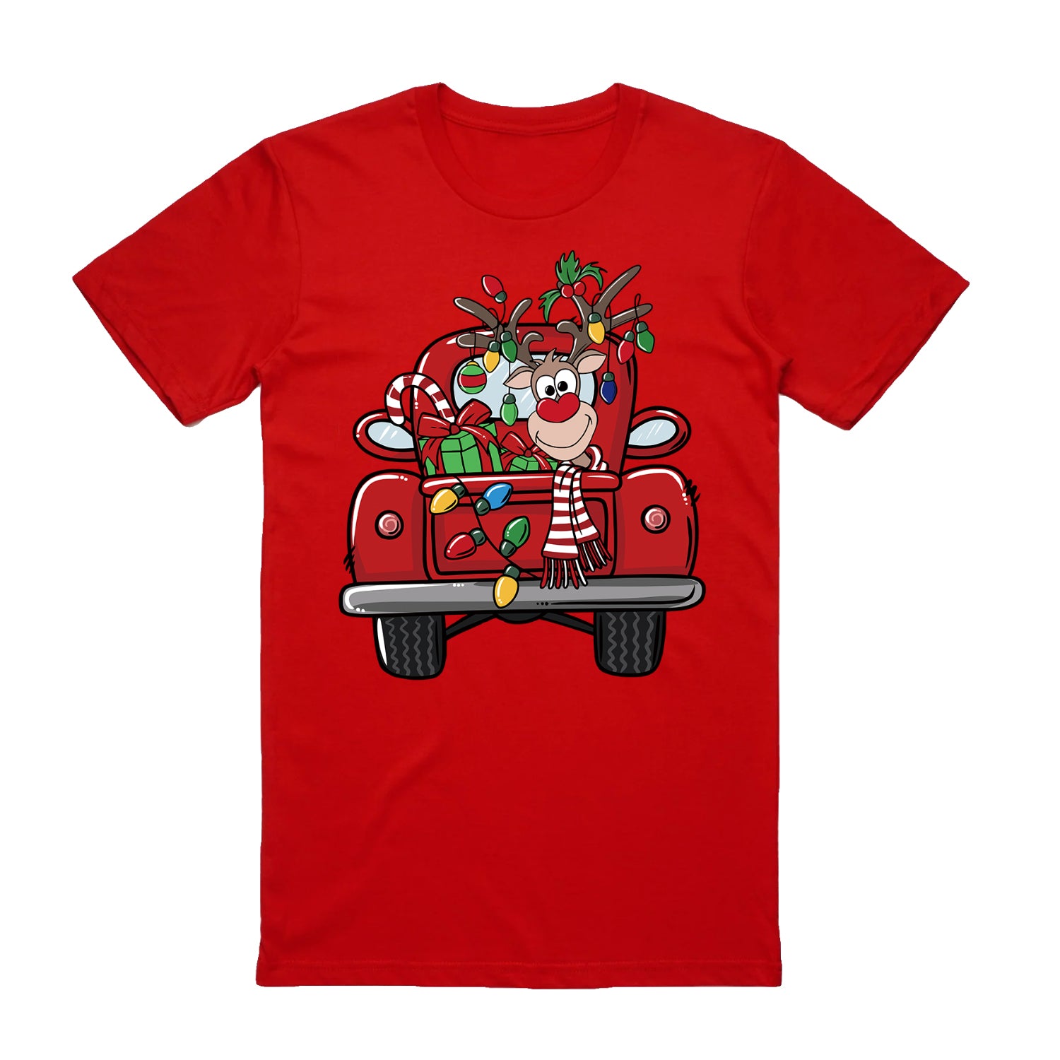 100% Cotton Christmas T-shirt Adult Unisex Tee Tops Funny Santa Party Custume, Car with Reindeer (Red), XL V474-626571