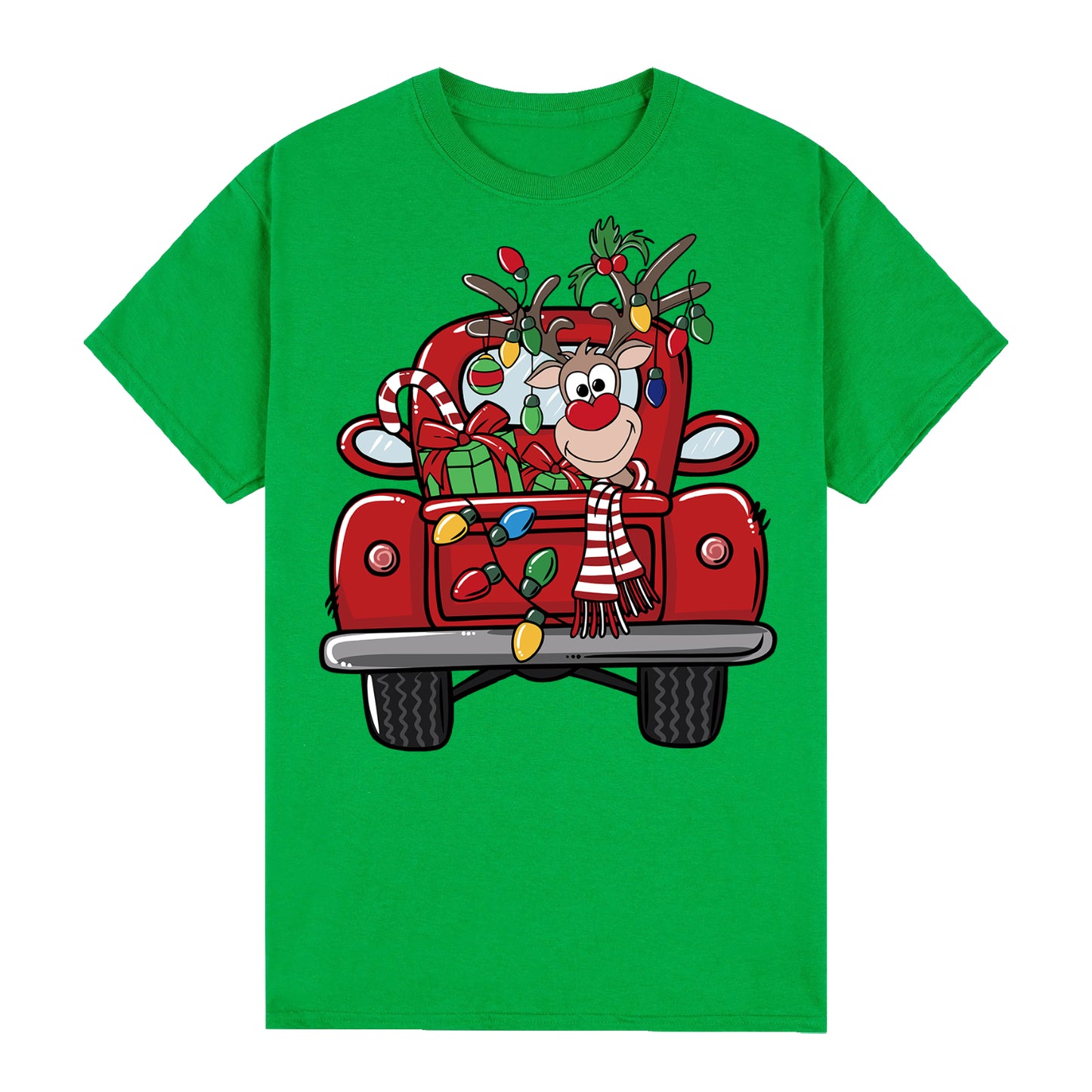 100% Cotton Christmas T-shirt Adult Unisex Tee Tops Funny Santa Party Custume, Car with Reindeer (Green), M V474-626575