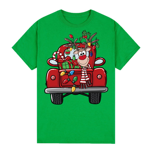 100% Cotton Christmas T-shirt Adult Unisex Tee Tops Funny Santa Party Custume, Car with Reindeer (Green), M V474-626575