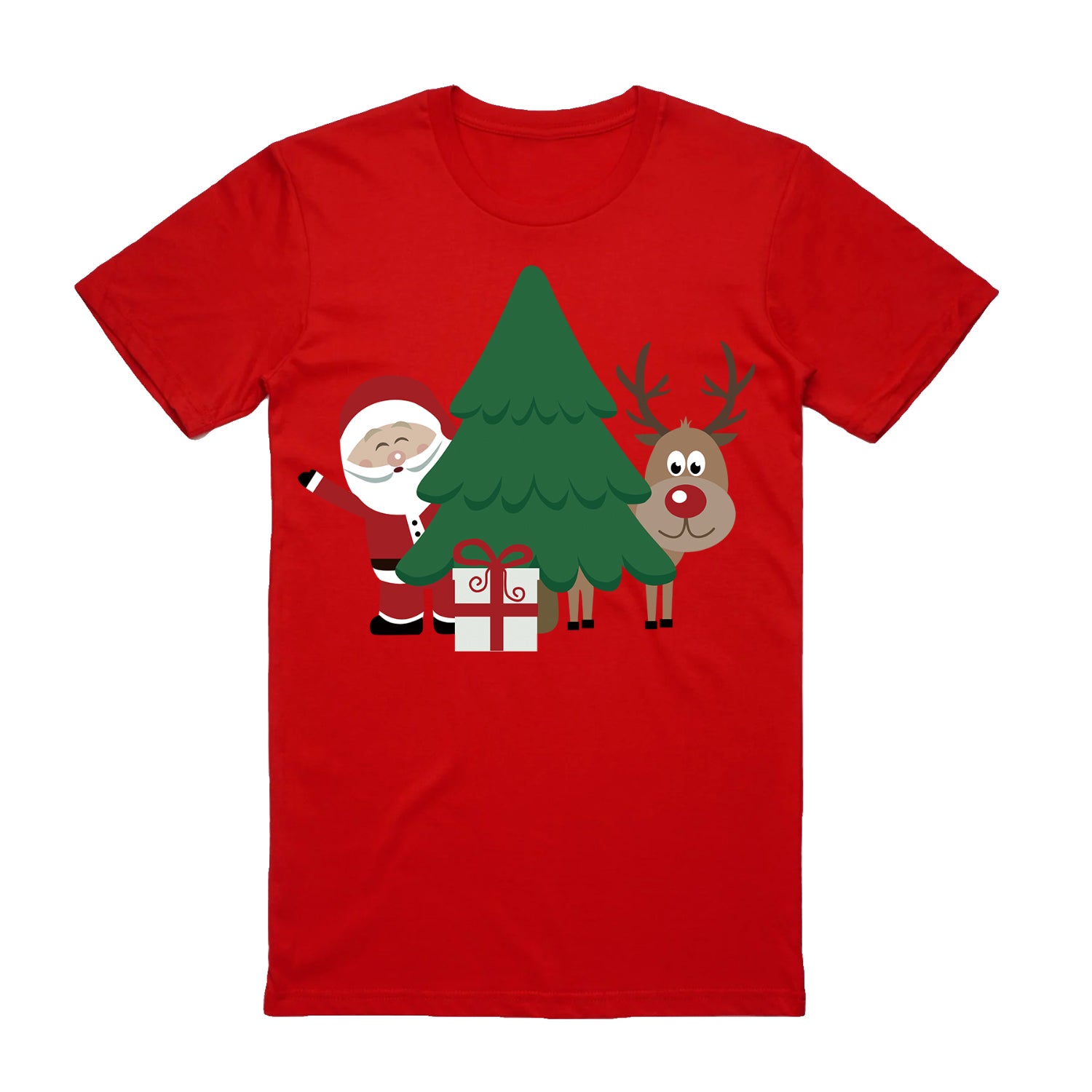 100% Cotton Christmas T-shirt Adult Unisex Tee Tops Funny Santa Party Custume, Santa with Tree (Red), S V474-626640