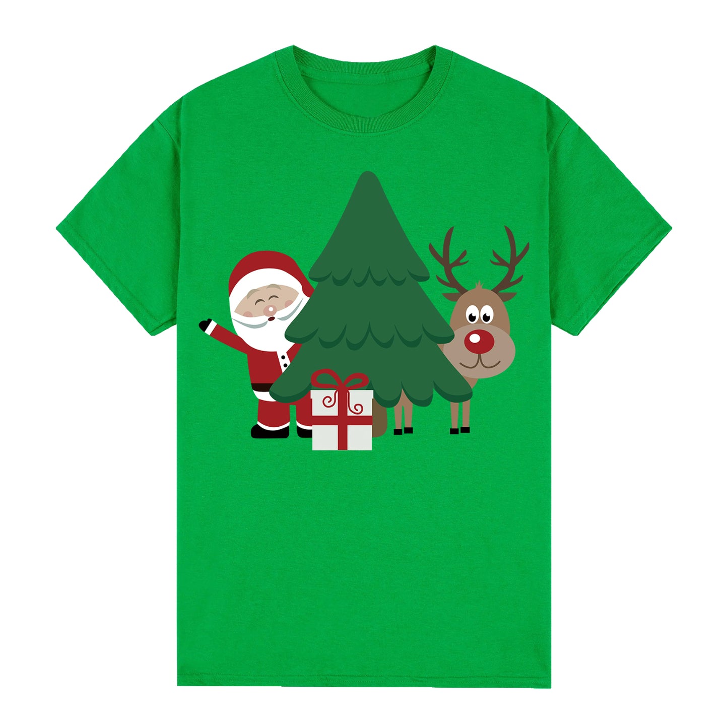 100% Cotton Christmas T-shirt Adult Unisex Tee Tops Funny Santa Party Custume, Santa with Tree (Green), XL V474-626649