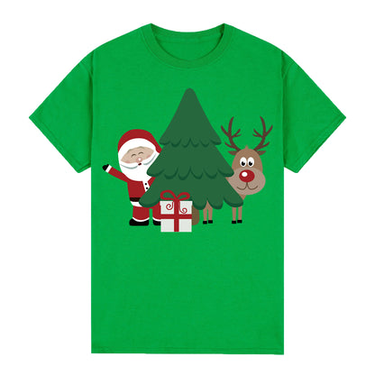 100% Cotton Christmas T-shirt Adult Unisex Tee Tops Funny Santa Party Custume, Santa with Tree (Green), 2XL V474-626650