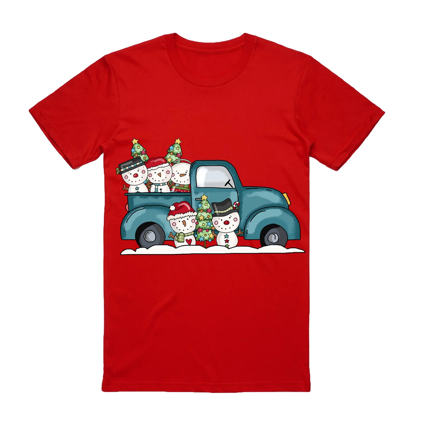 100% Cotton Christmas T-shirt Adult Unisex Tee Tops Funny Santa Party Custume, Car with Snowman (Red), 2XL V474-626668