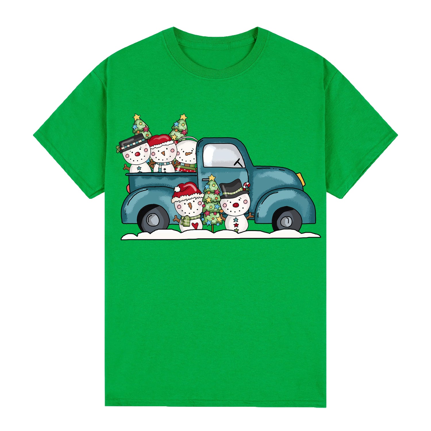 100% Cotton Christmas T-shirt Adult Unisex Tee Tops Funny Santa Party Custume, Car with Snowman (Green), XL V474-626673
