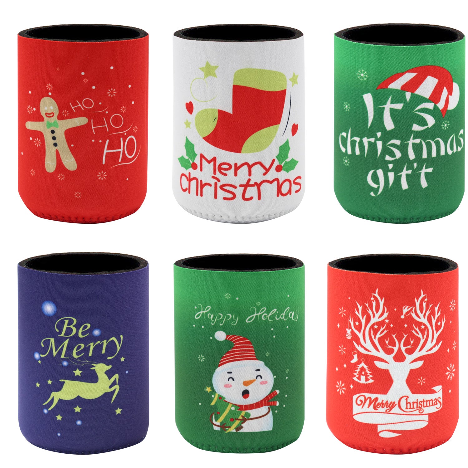 6x Christmas Stubby Stubbie Holders Beer Bottle Drink Can Cooler Santa Reindeer, E V474-626825