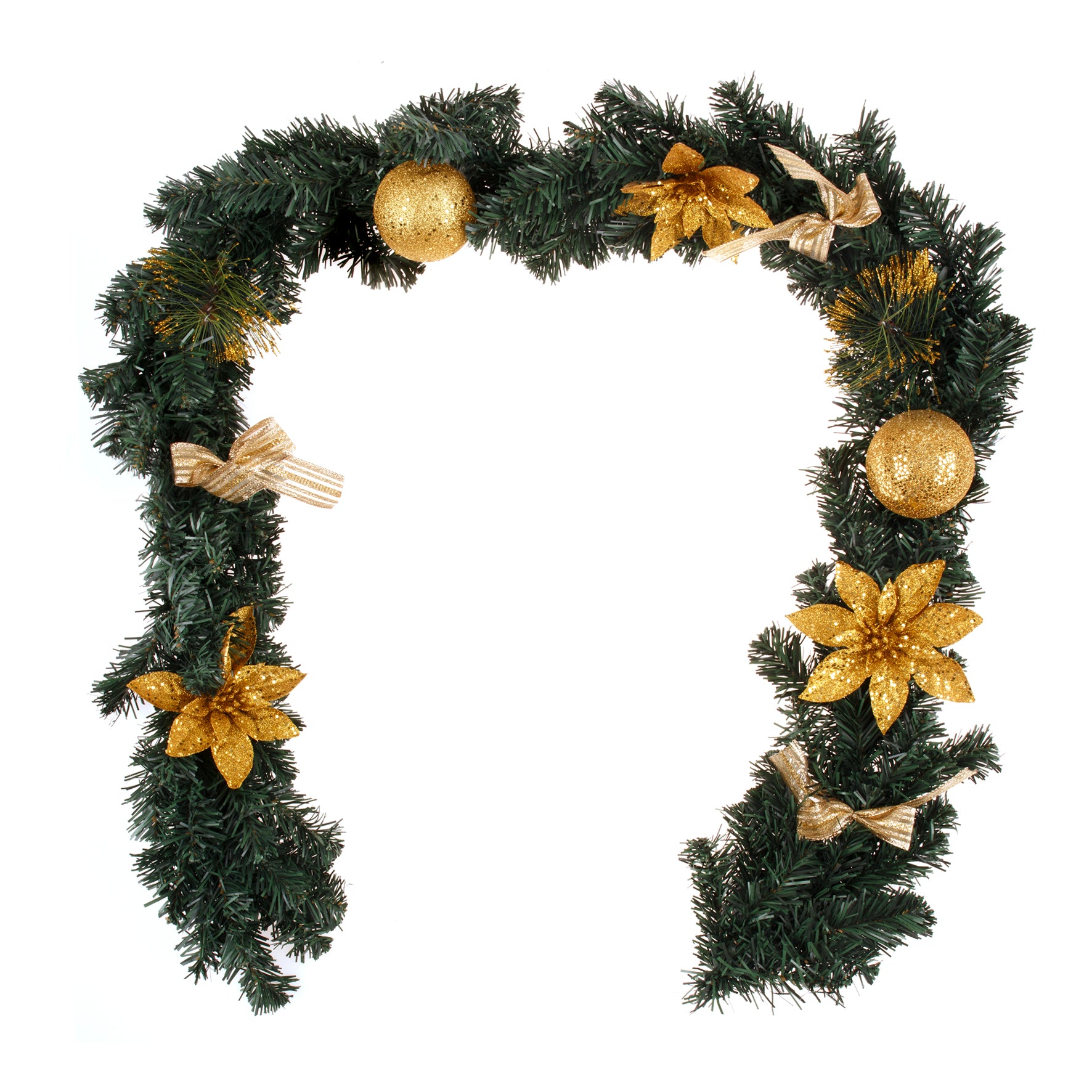 1.8m/6ft Christmas Pine Green Garland Gold Balls Flower Bows Xmas Hanging Decor, Gold, Green V474-629992