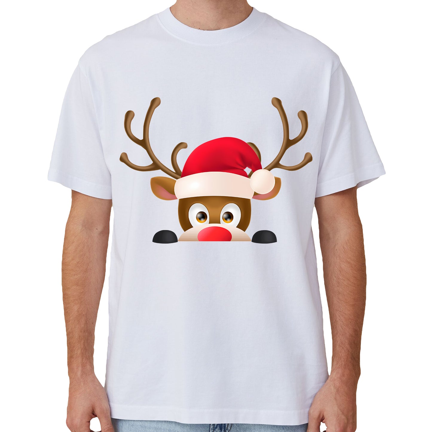 100% Cotton Christmas T-shirt Adult Unisex Tee Tops Funny Santa Party Custume, Reindeer Head (White), XL V474-633807