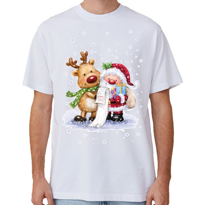 100% Cotton Christmas T-shirt Adult Unisex Tee Tops Funny Santa Party Custume, Reading Santa (White), XL V474-633813