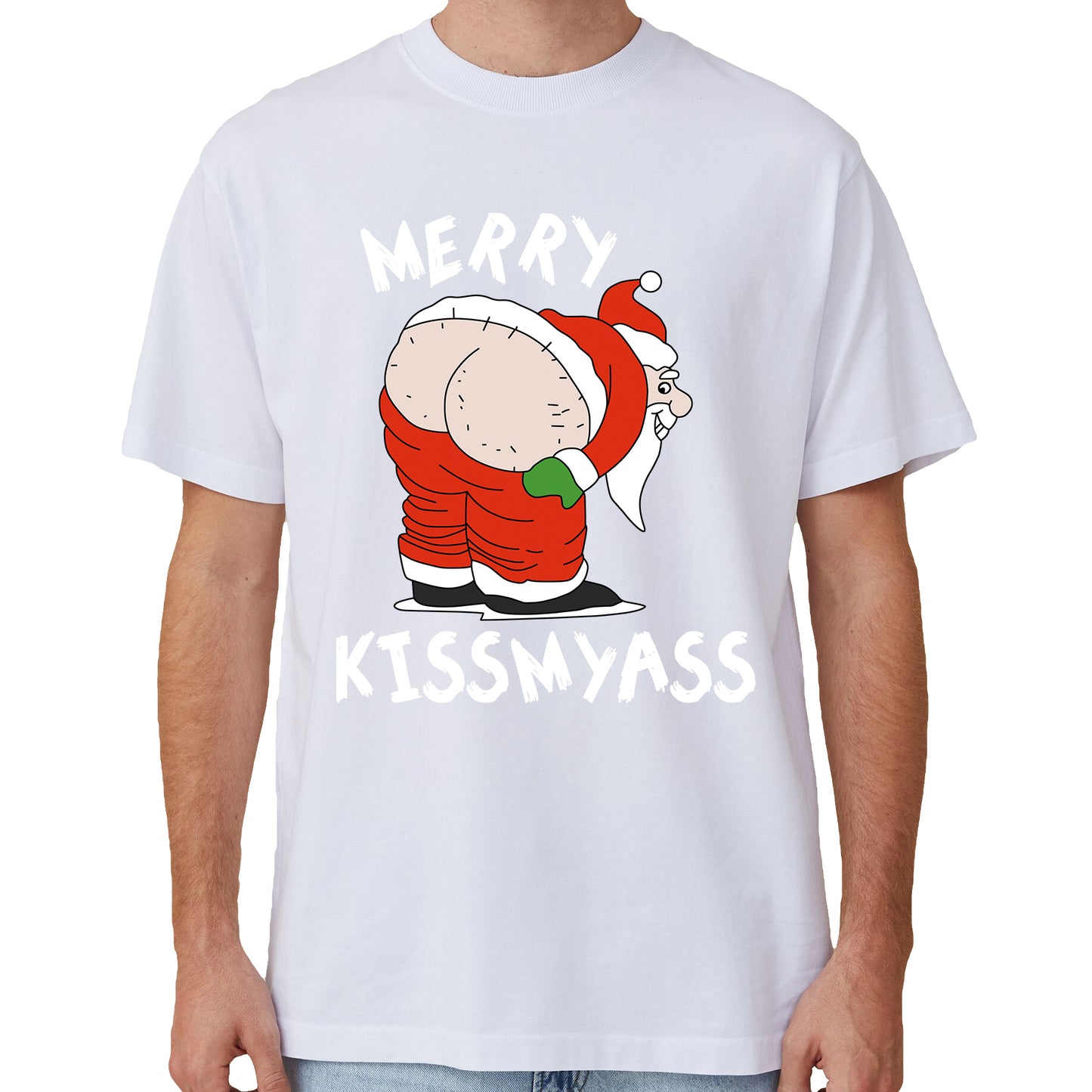 100% Cotton Christmas T-shirt Adult Unisex Tee Tops Funny Santa Party Custume, Merry Kissmyass (White), 2XL V474-633820