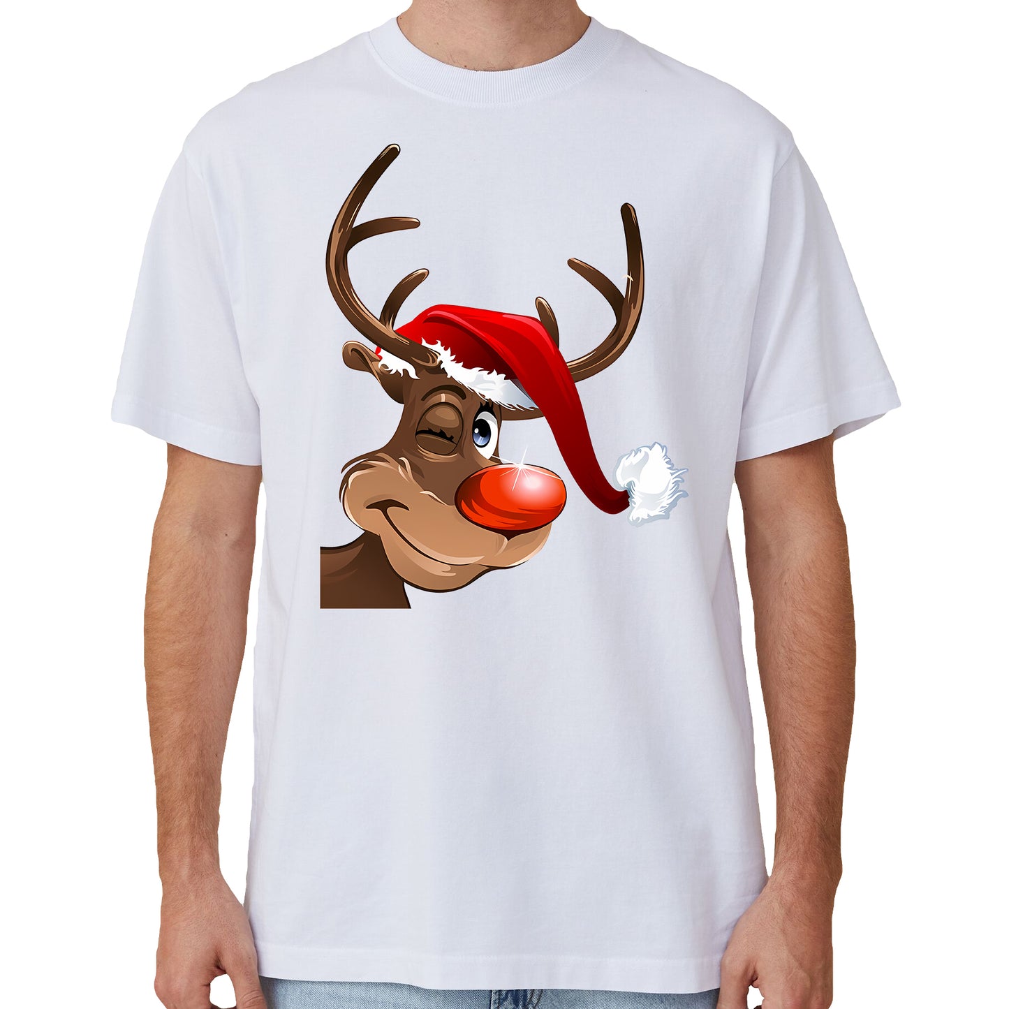 100% Cotton Christmas T-shirt Adult Unisex Tee Tops Funny Santa Party Custume, Reindeer Wink (White), 2XL V474-633826