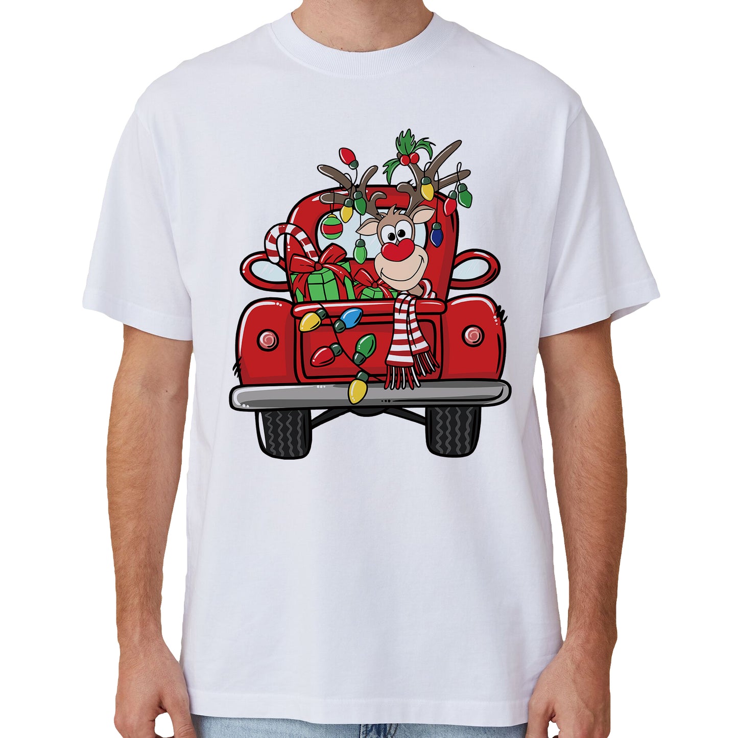 100% Cotton Christmas T-shirt Adult Unisex Tee Tops Funny Santa Party Custume, Car with Reindeer (White), M V474-633829