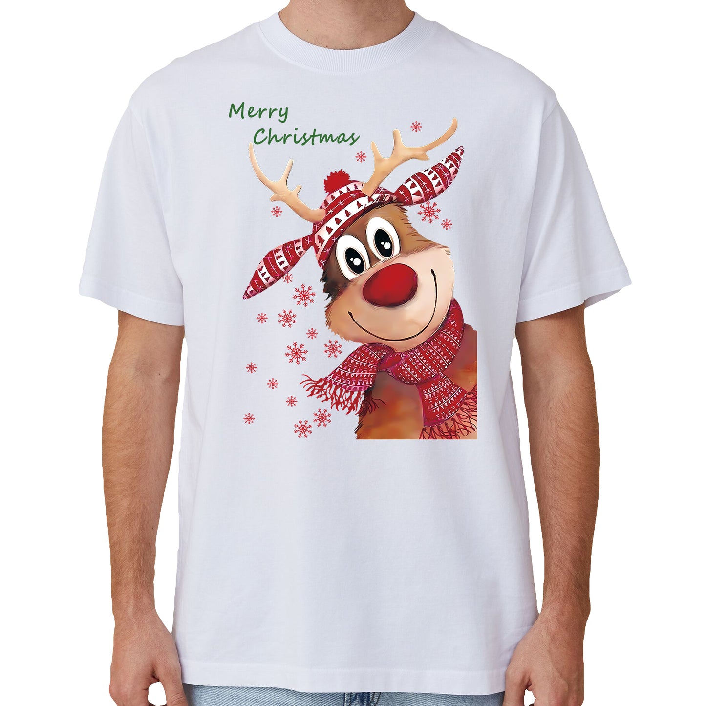 100% Cotton Christmas T-shirt Adult Unisex Tee Tops Funny Santa Party Custume, Reindeer (White), L V474-633836