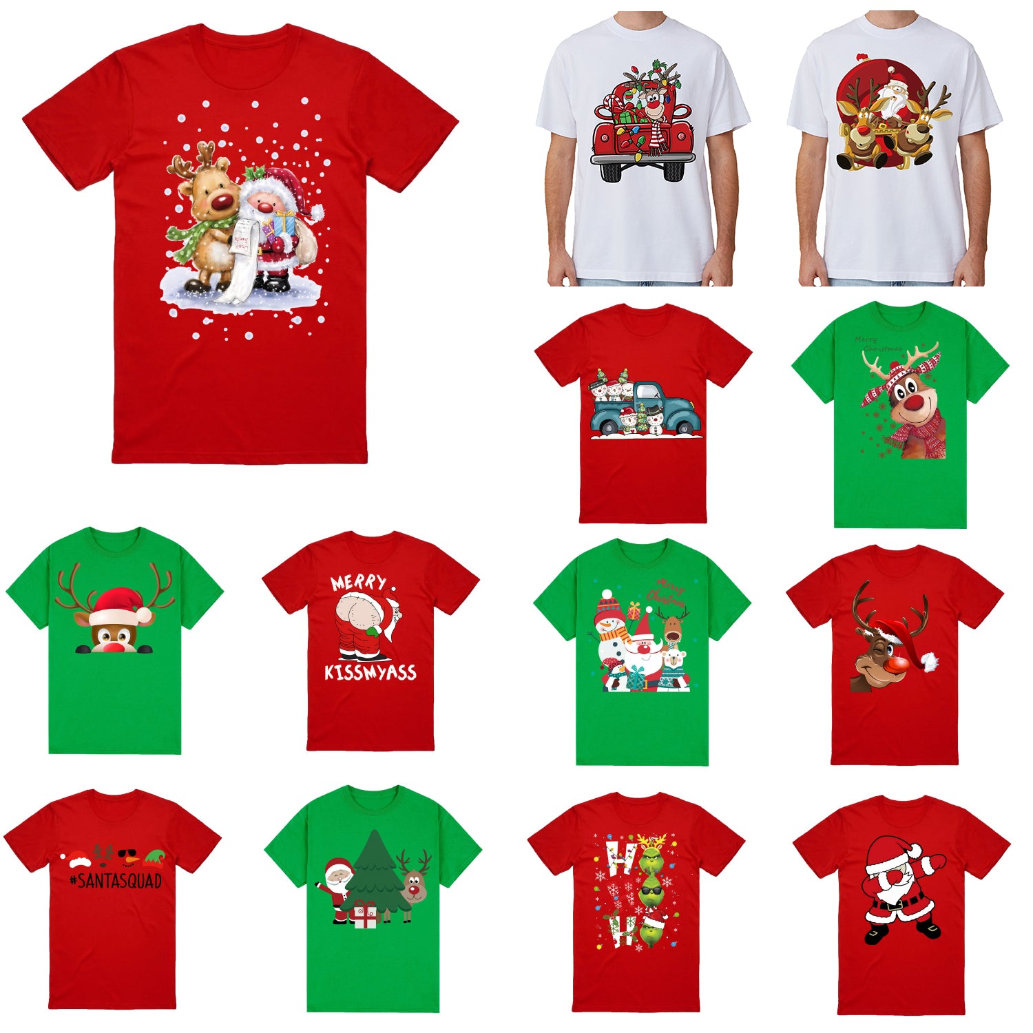 100% Cotton Christmas T-shirt Adult Unisex Tee Tops Funny Santa Party Custume, Santa Gathering (White), 2XL V474-633856