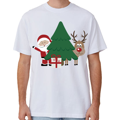 100% Cotton Christmas T-shirt Adult Unisex Tee Tops Funny Santa Party Custume, Santa with Tree (White), S V474-633865