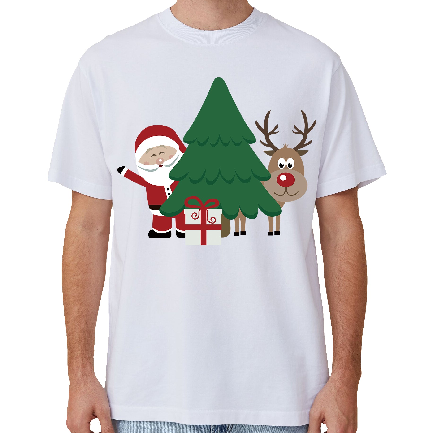 100% Cotton Christmas T-shirt Adult Unisex Tee Tops Funny Santa Party Custume, Santa with Tree (White), XL V474-633868