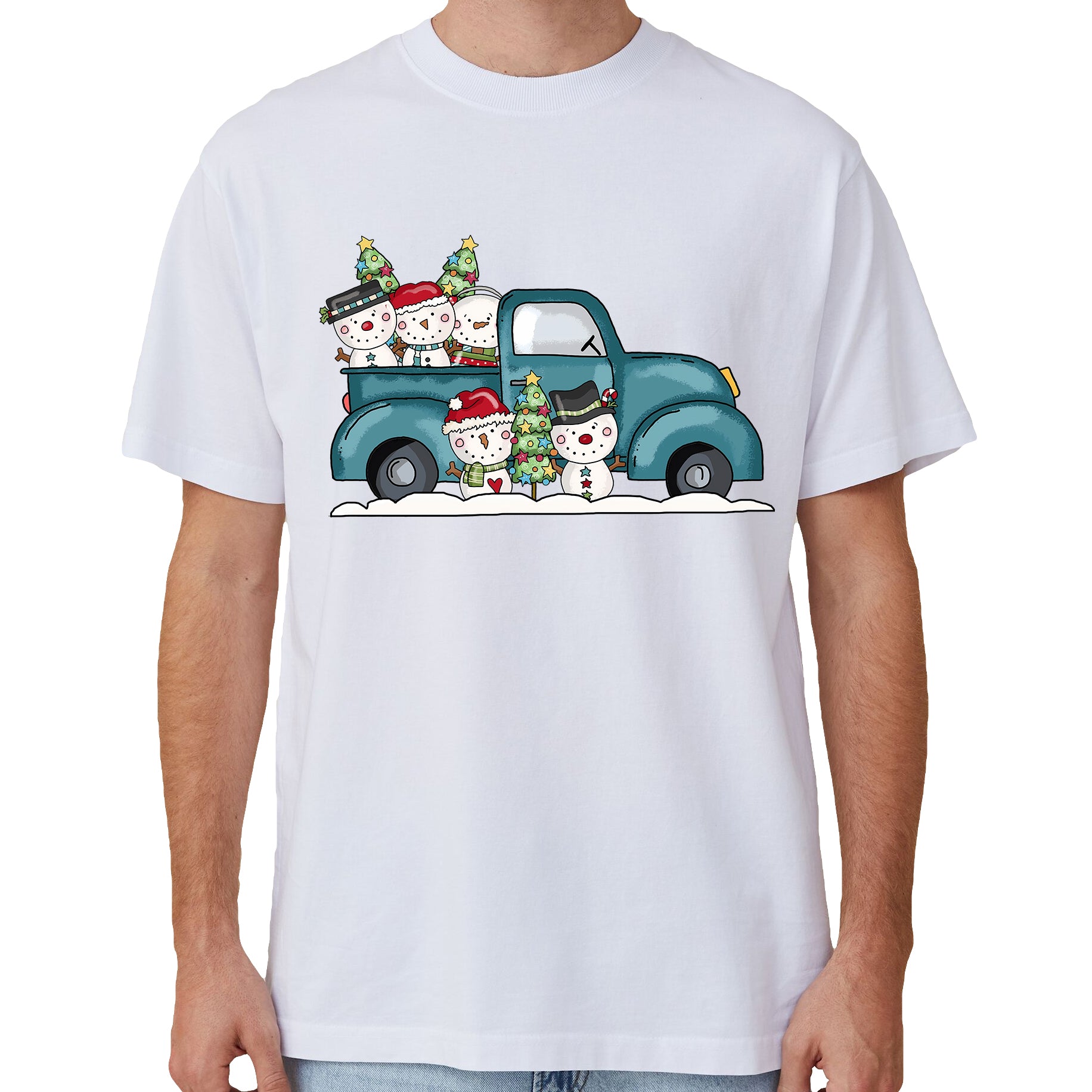 100% Cotton Christmas T-shirt Adult Unisex Tee Tops Funny Santa Party Custume, Car with Snowman (White), XL V474-633881