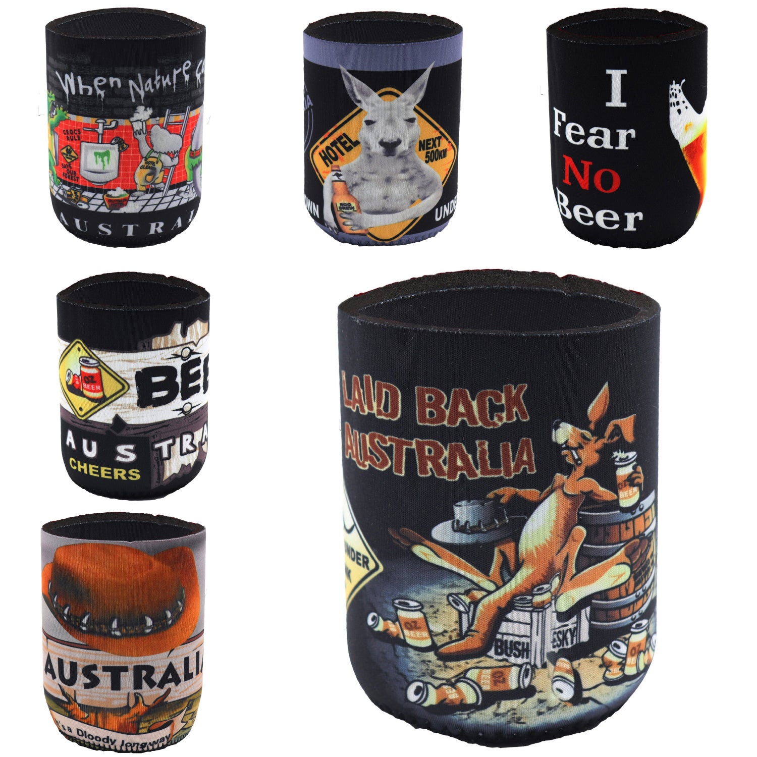 6x Australia Stubby Stubbie Holder Beer Bottle Tin Can Drink Alcohol Cooler Gift, Mixed Design (Fun) V474-654616
