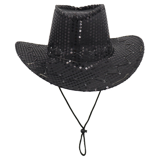 Sequin Cowboy Hat Glitter Cap Western Trilby Shiny Cowgirl Dress Up Party Wear, Black V474-654822