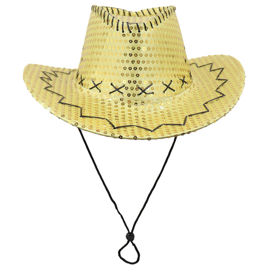 Sequin Cowboy Hat Glitter Cap Western Trilby Shiny Cowgirl Dress Up Party Wear, Gold V474-654823
