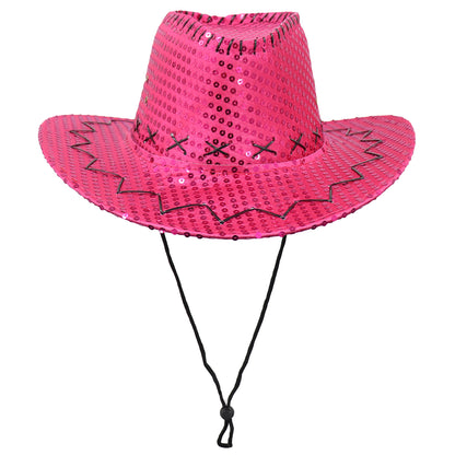Sequin Cowboy Hat Glitter Cap Western Trilby Shiny Cowgirl Dress Up Party Wear, Hot Pink V474-654825
