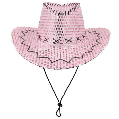 Sequin Cowboy Hat Glitter Cap Western Trilby Shiny Cowgirl Dress Up Party Wear, Light Pink V474-654826