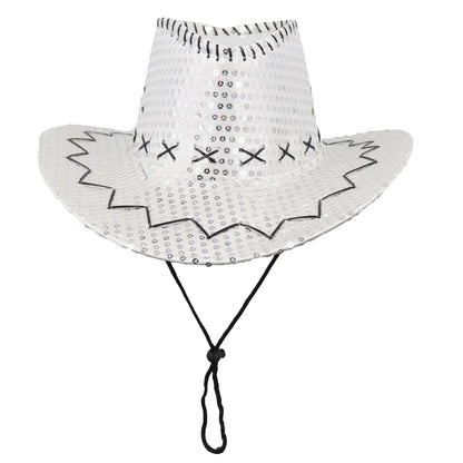 Sequin Cowboy Hat Glitter Cap Western Trilby Shiny Cowgirl Dress Up Party Wear, Silver V474-654830