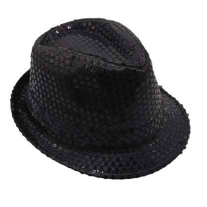 Adults Kids Unisex Sequin Fedora Hat Dance Cap Solid Jazz Party Glitter Costume, Black V474-655215