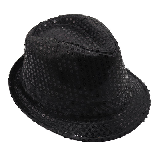 Adults Kids Unisex Sequin Fedora Hat Dance Cap Solid Jazz Party Glitter Costume, Black V474-655215