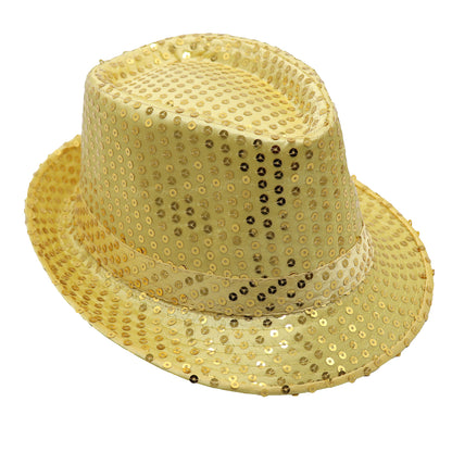 Adults Kids Unisex Sequin Fedora Hat Dance Cap Solid Jazz Party Glitter Costume, Gold V474-655216