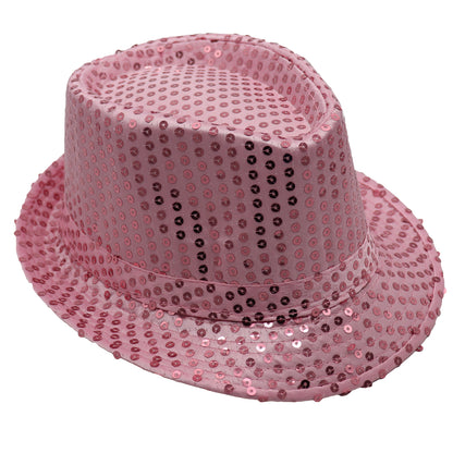 Adults Kids Unisex Sequin Fedora Hat Dance Cap Solid Jazz Party Glitter Costume, Pink V474-655218