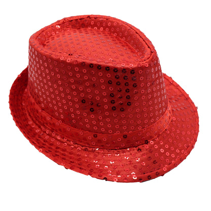 Adults Kids Unisex Sequin Fedora Hat Dance Cap Solid Jazz Party Glitter Costume, Red V474-655220