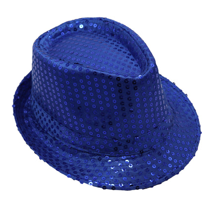 Adults Kids Unisex Sequin Fedora Hat Dance Cap Solid Jazz Party Glitter Costume, Royal Blue V474-655221