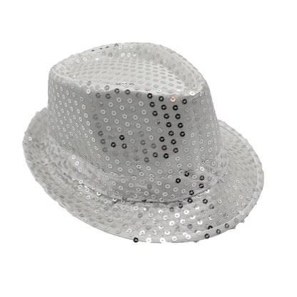 Adults Kids Unisex Sequin Fedora Hat Dance Cap Solid Jazz Party Glitter Costume, Silver V474-655222