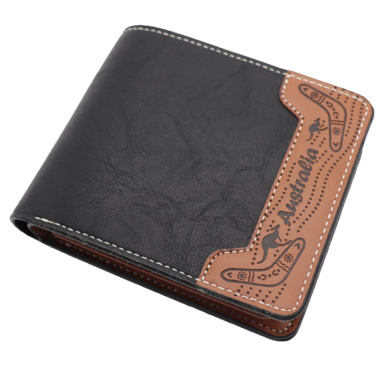 Mens Wallet Australian Kangaroo Leather Bifold Souvenir Gift Coin Card Holder, Black & Tan Boomerang V474-662763