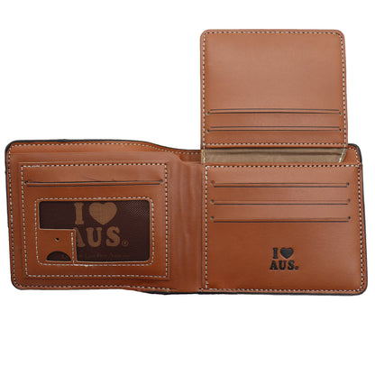 Mens Wallet Australian Kangaroo Leather Bifold Souvenir Gift Coin Card Holder, Black & Tan Boomerang V474-662763