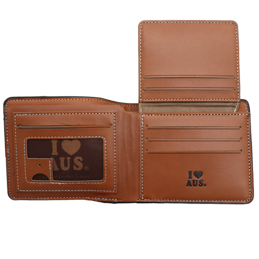 Mens Wallet Australian Kangaroo Leather Bifold Souvenir Gift Coin Card Holder, Black & Tan Boomerang V474-662763
