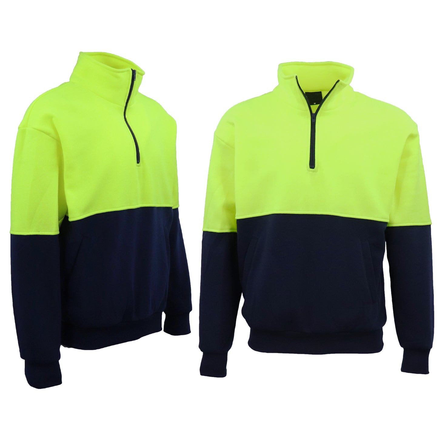 Hi Vis Safety Fleecy Half Zip Pullover Jumper Jacket Sweater Shirts Workwear, Fluro Yellow / Navy, 3XL V474-663690