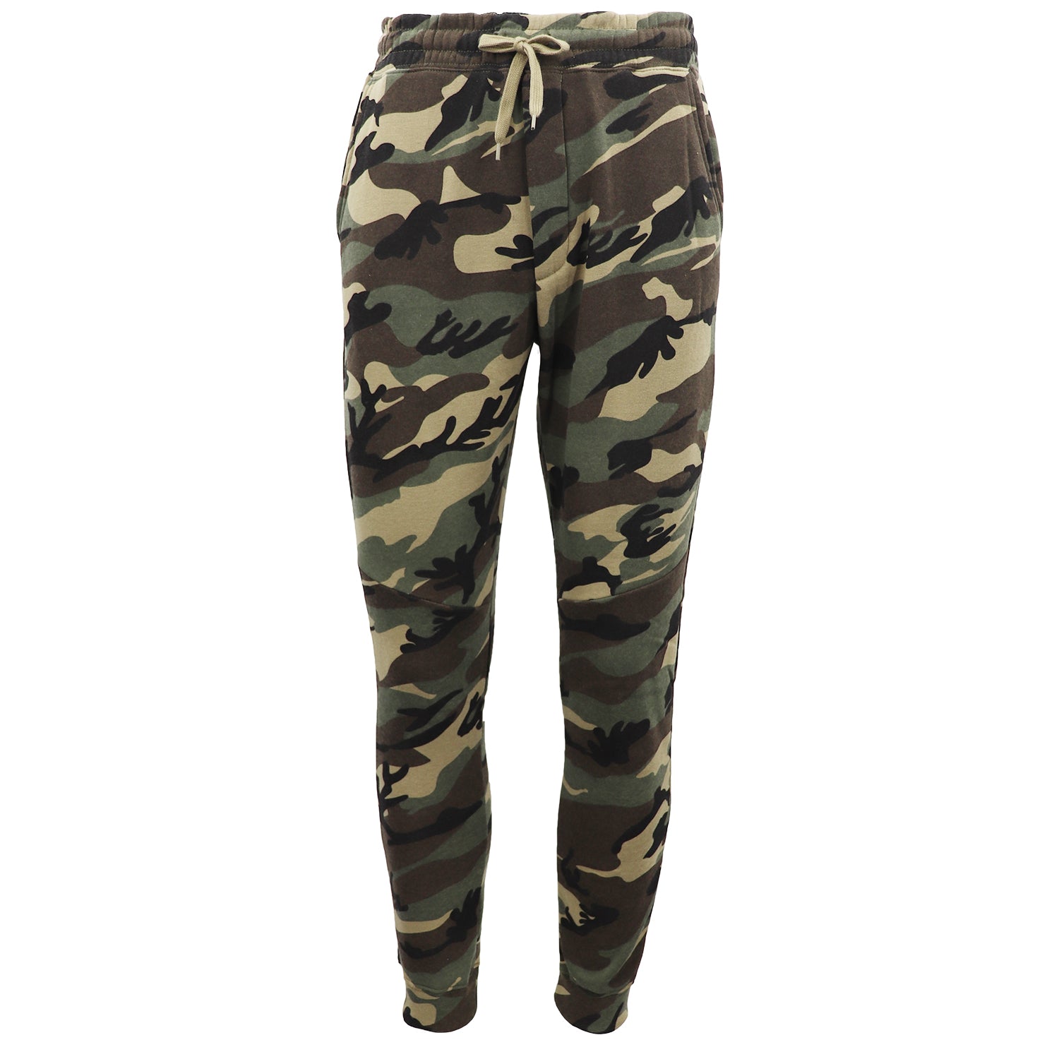 Men's Fleece Track Pants Military Camouflage Tactical Gym Trousers w Cuffed Hem, Green Camo, 2XL