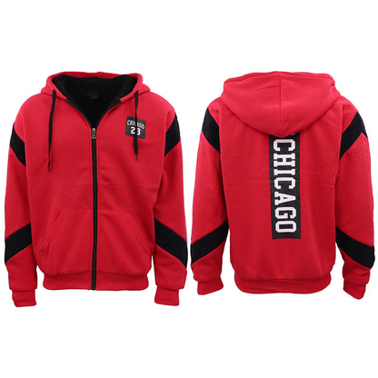 Mens Fleece Sherpa Fur Hooded Thick Winter Jacket Chicago 23 Michael Jordan Coat, Red, L V474-669339