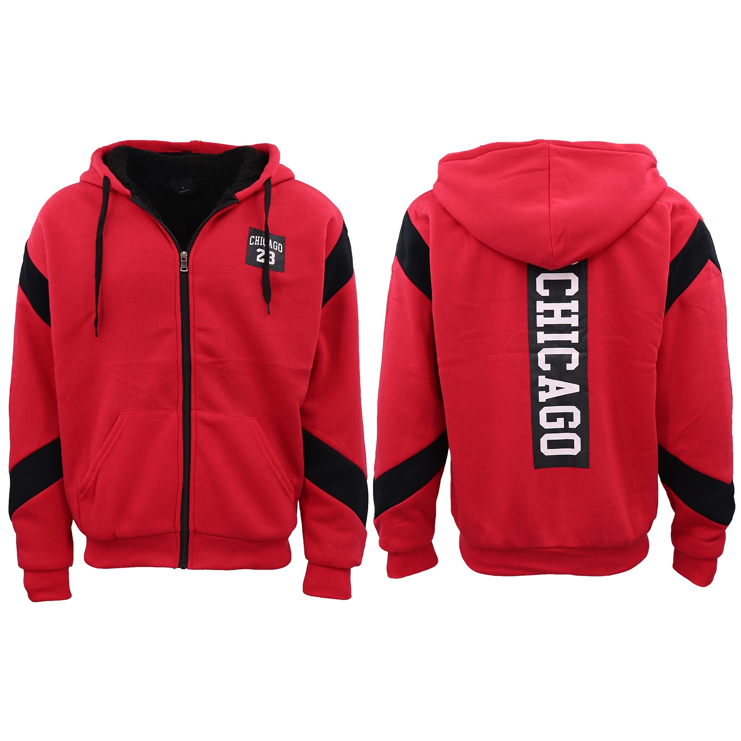Mens Fleece Sherpa Fur Hooded Thick Winter Jacket Chicago 23 Michael Jordan Coat, Red, XL V474-669340